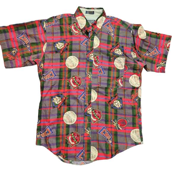 Vintage chaps x Ralph Lauren M men's button up Polo short sleeve baseball plaid - Picture 1 of 5